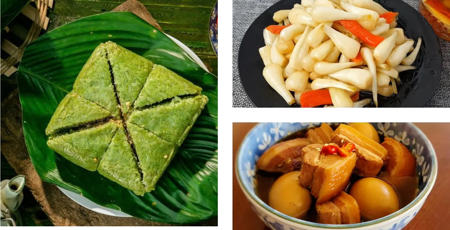 From left to right Bánh chưng (packed sticky rice), Dưa hành (pickled onion), Thịt Kho Tàu (meat stewed in coconut juice)